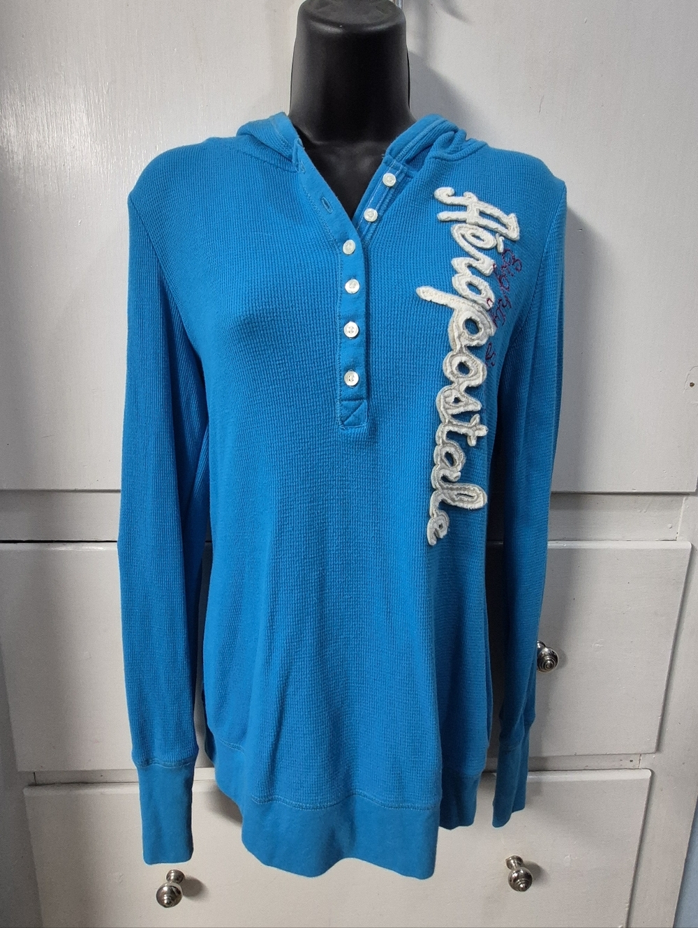 Vintage Y2K Aeropostale Women's XL Blue Waffle Knit Thermal Hooded Henley Preppy